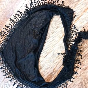 Black scarf with delicate crochet flower. Cotton lightweight one size